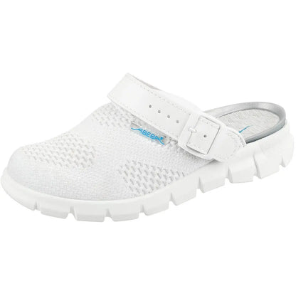 White knitted textile occupational shoes Dynamic Clog by Abeba, featuring a comfortable, supportive design for workplace safety.