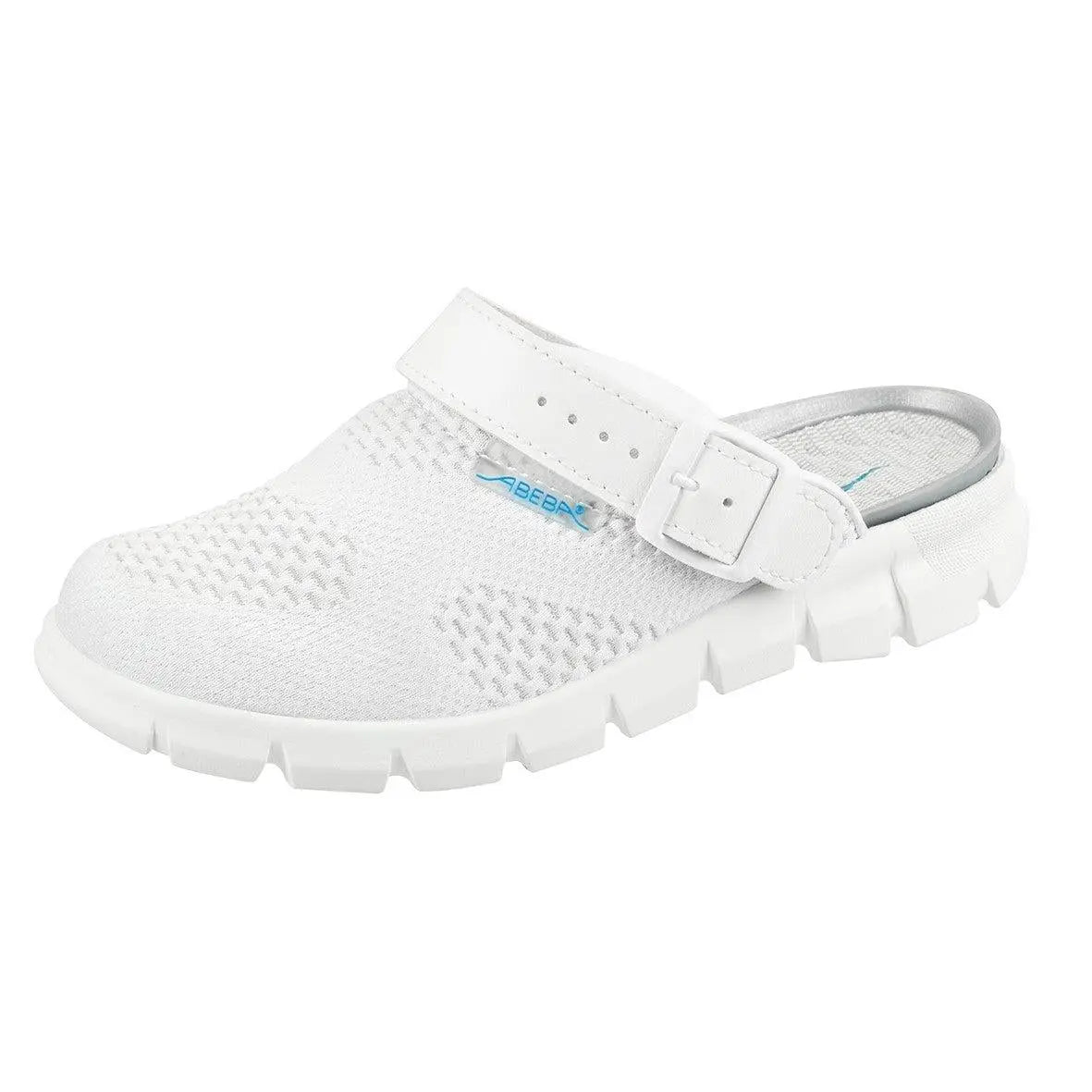 White knitted textile occupational shoes Dynamic Clog by Abeba, featuring a comfortable slip-on design and supportive sole.