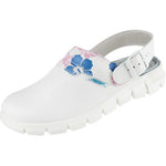 White Abeba Occupational Shoes Dynamic Clog with printed design, featuring a comfortable slip-on style and supportive sole.