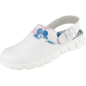 White Abeba Occupational Shoes Dynamic Clog with printed design, featuring a comfortable slip-on style and supportive sole.