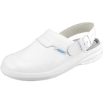 White patent microfiber occupational Easy Clog shoes by Abeba, featuring a slip-on design and supportive sole for healthcare professionals.