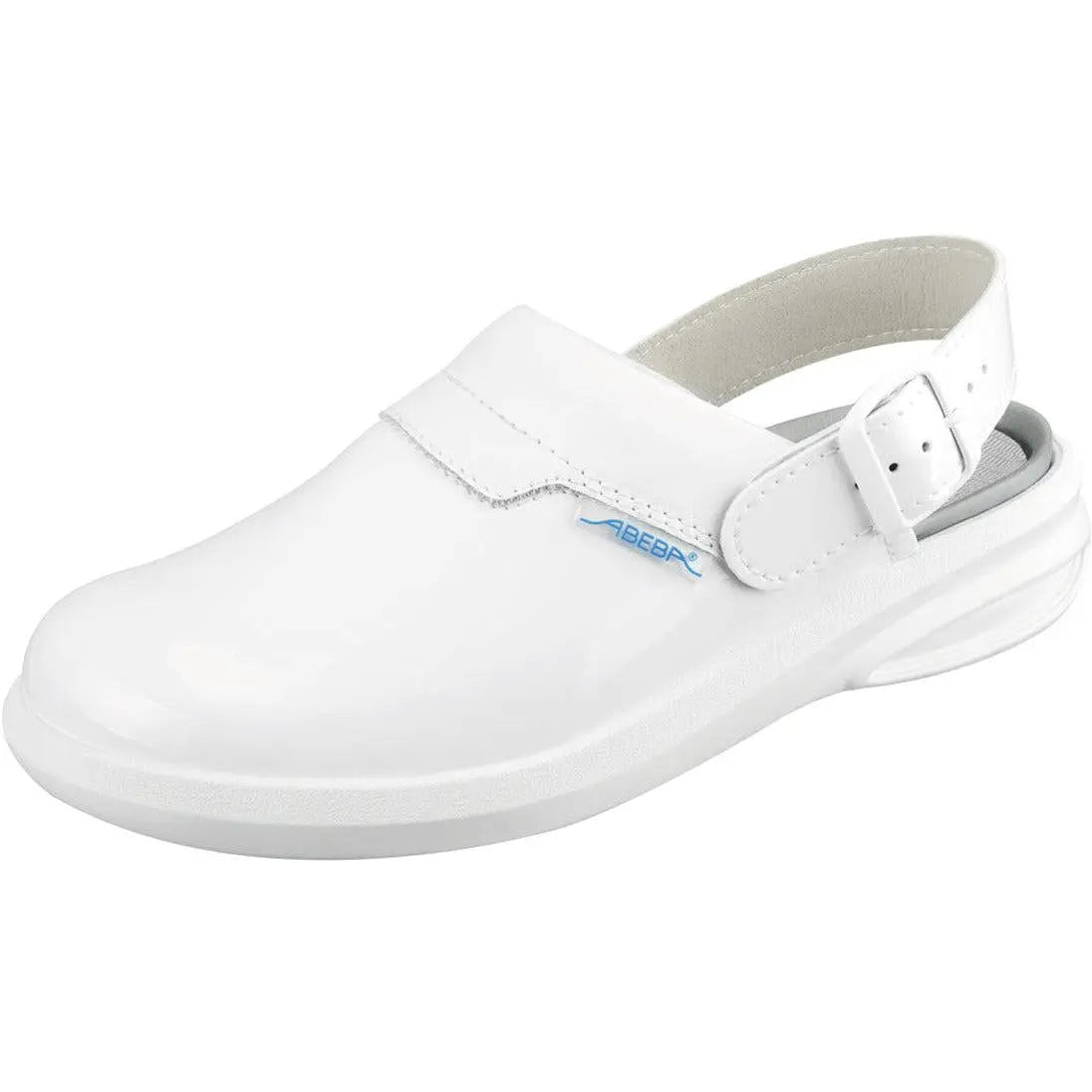 White patent microfiber occupational Easy Clog shoes by Abeba, featuring a slip-on design and supportive sole for healthcare professionals.
