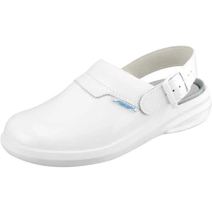White patent microfiber occupational Easy Clog shoes by Abeba, featuring a slip-on design and supportive sole for healthcare professionals.