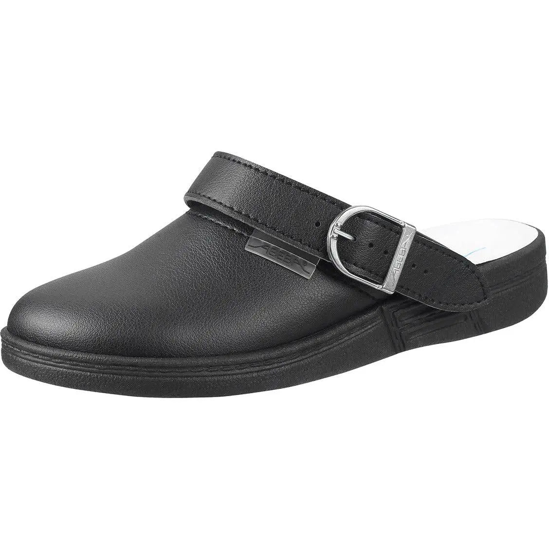 Black microfiber occupational clog shoes by Abeba, showing the comfortable slip-on design and sturdy sole.