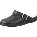 Black microfiber occupational clog shoes by Abeba, showing the comfortable slip-on design and sturdy sole.