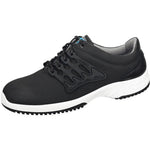 Black leather occupational shoes Uni6 low shoe by Abeba, shown with a sleek low-profile design and sturdy construction.