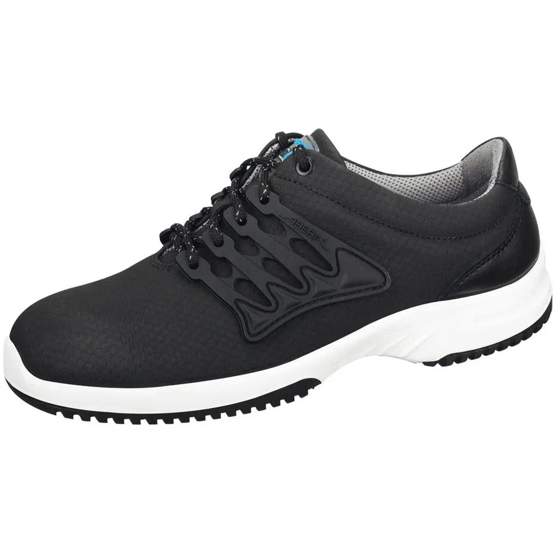 Black leather occupational shoes Uni6 low shoe by Abeba, shown with a sleek low-profile design and sturdy construction.