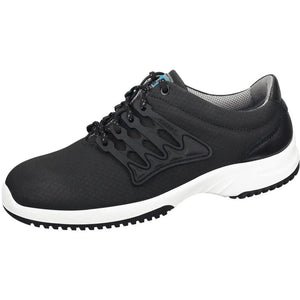 Black leather occupational shoes Uni6 low shoe by Abeba, shown with a sleek low-profile design and sturdy construction.