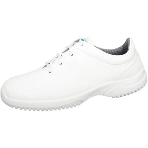 Abeba Uni6 low occupational shoes in white microfiber with supportive design and slip-resistant soles.