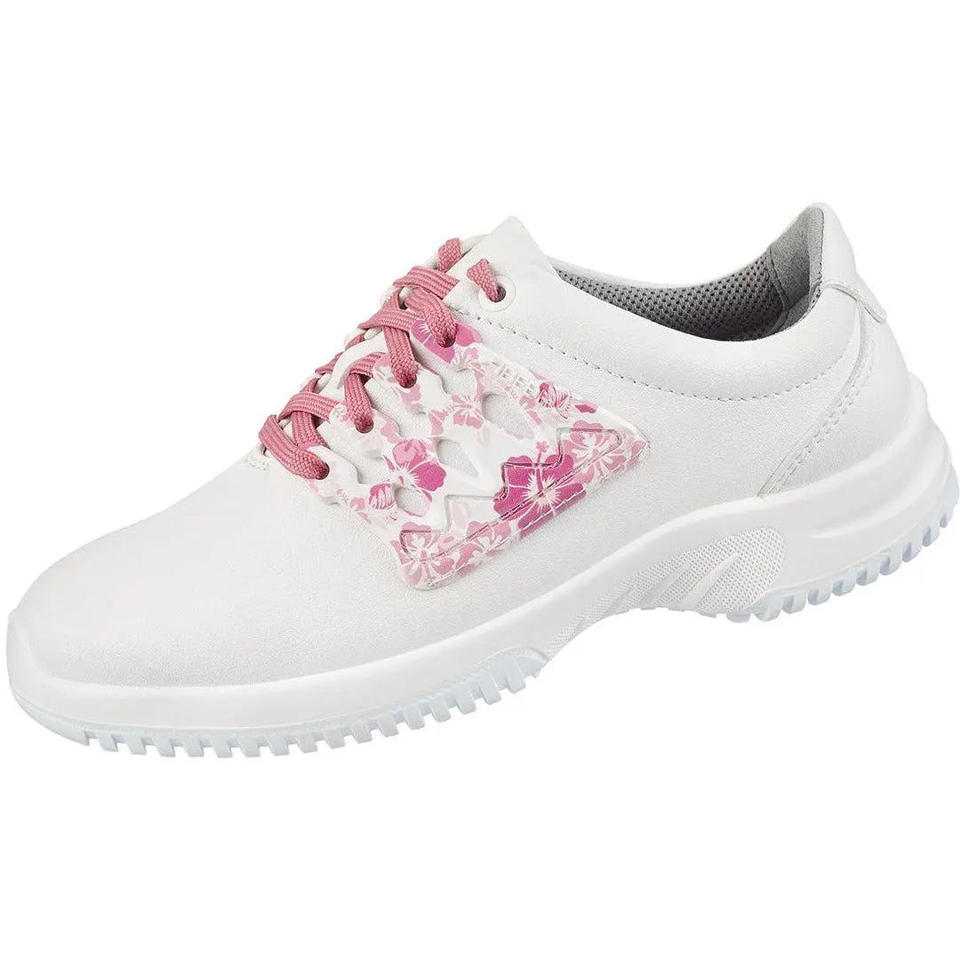 White and pink floral design Abeba Occupational Shoes Uni6 Low Shoe with comfortable low-cut style and supportive sole.