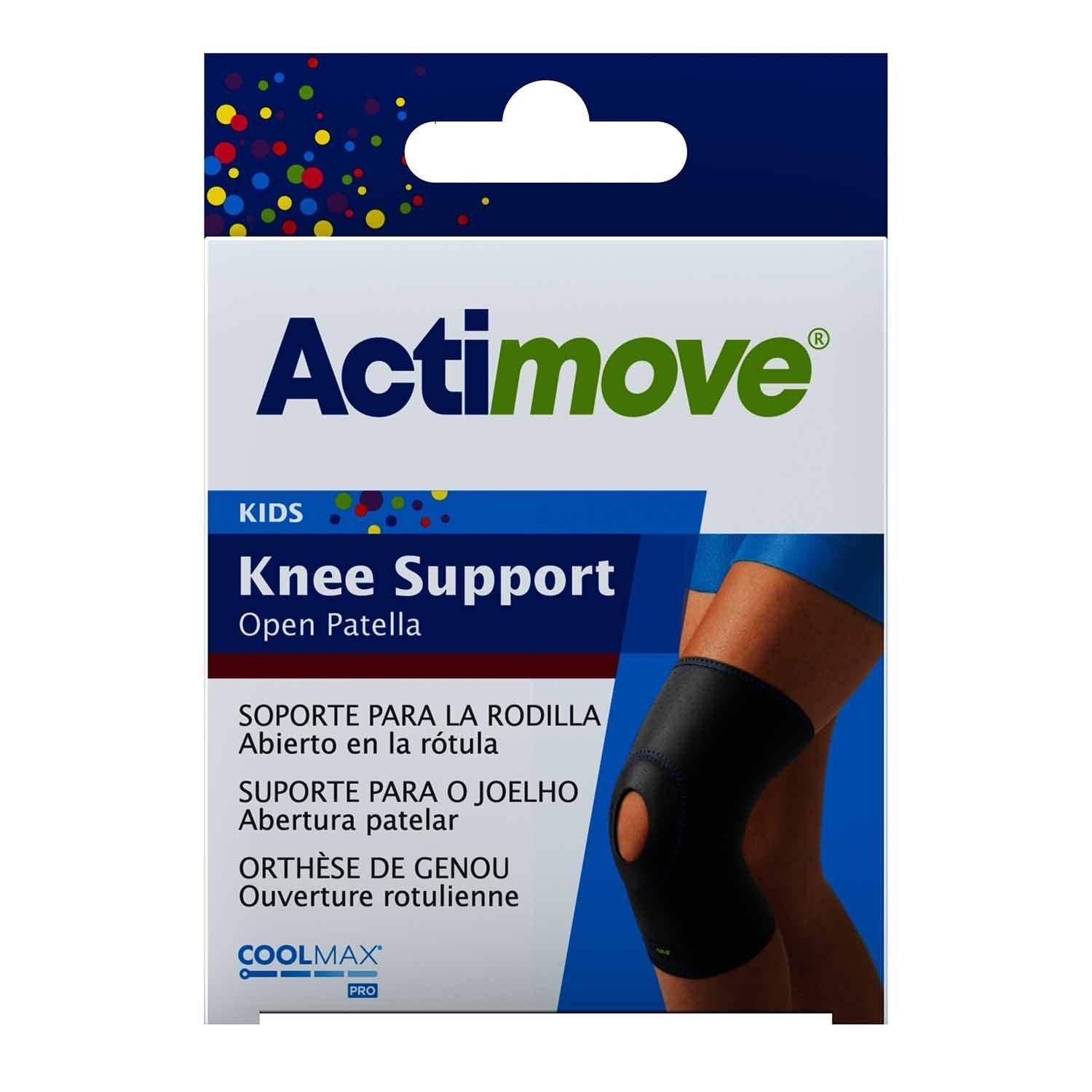 Actimove Kids knee support in blue, with adjustable straps and open patella design for children’s knee stabilization and support.