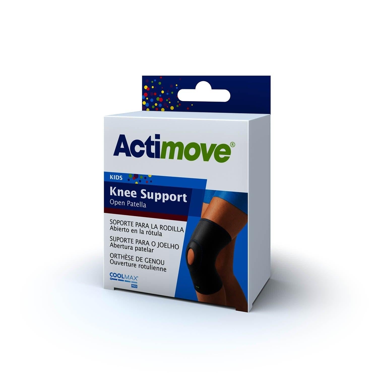 Actimove® Knee Support for Kids, soft elastic brace with adjustable straps and open patella design for knee stability.