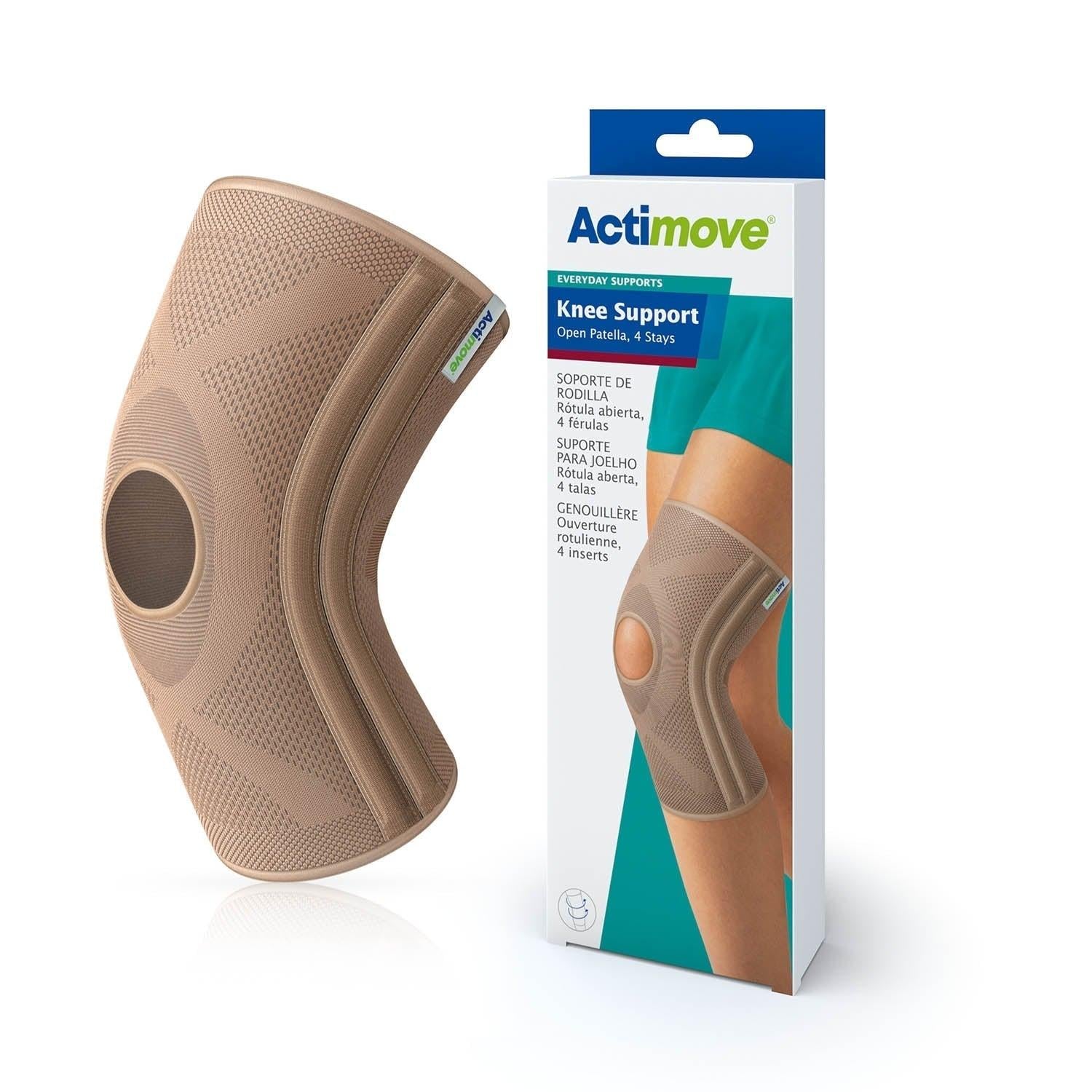 Actimove Knee Support with open patella and four stays, providing everyday stability and support for knee injuries or discomfort.