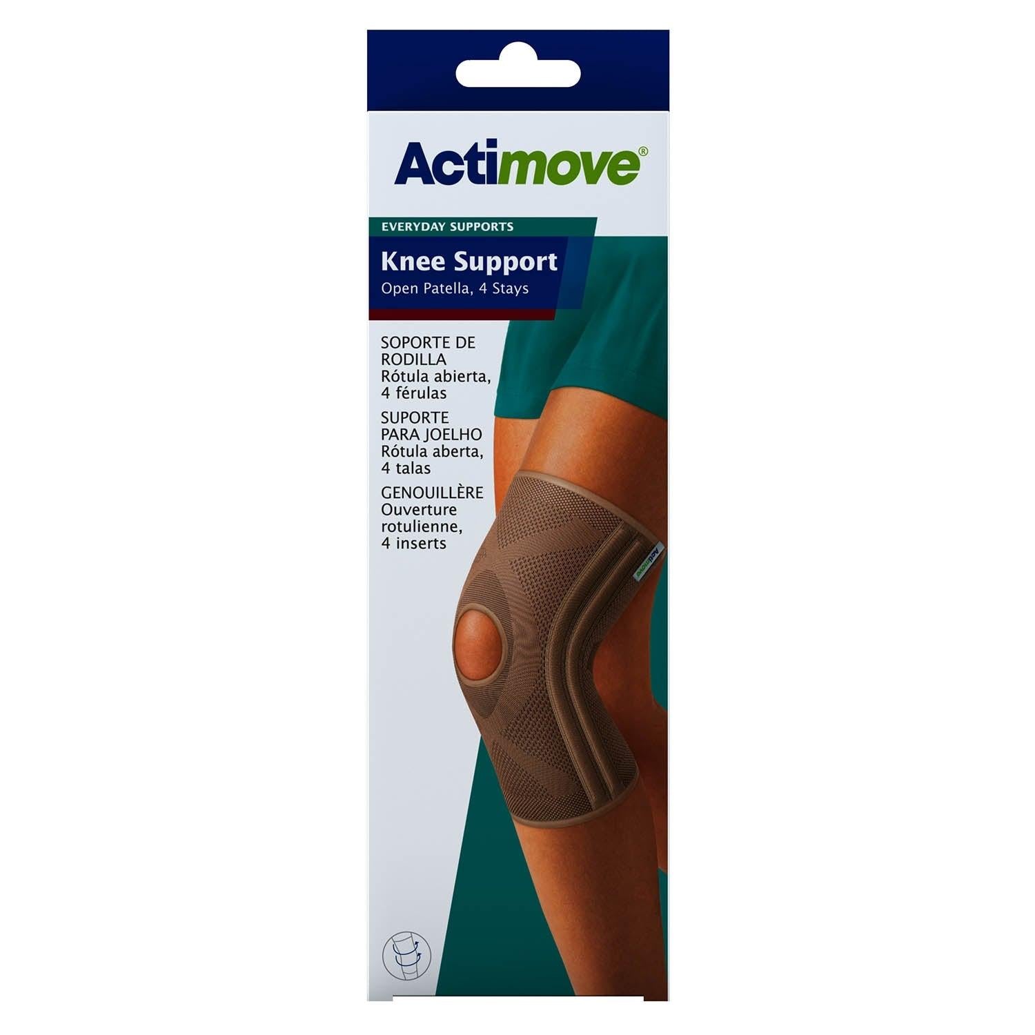 Actimove knee support with open patella and four stays, providing everyday stability and compression for knee relief.