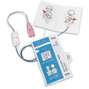 FR2 AED Pediatric Defibrillation Pads by AED 360, showing close-up of the adult-sized defibrillation pads for pediatric use.