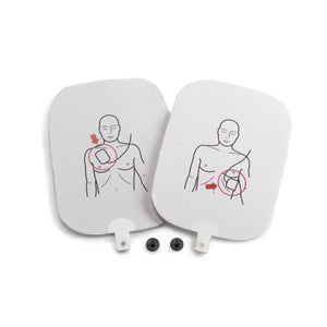 FR2 AED Pediatric Defibrillation Pads by AED 360, showing two adhesive pads with connector cables for child resuscitation.
