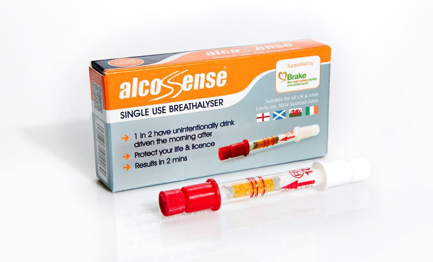 Alcosense 3-line single-pack disposable breathalyser in CDU box, showing the breathalyser device and packaging.