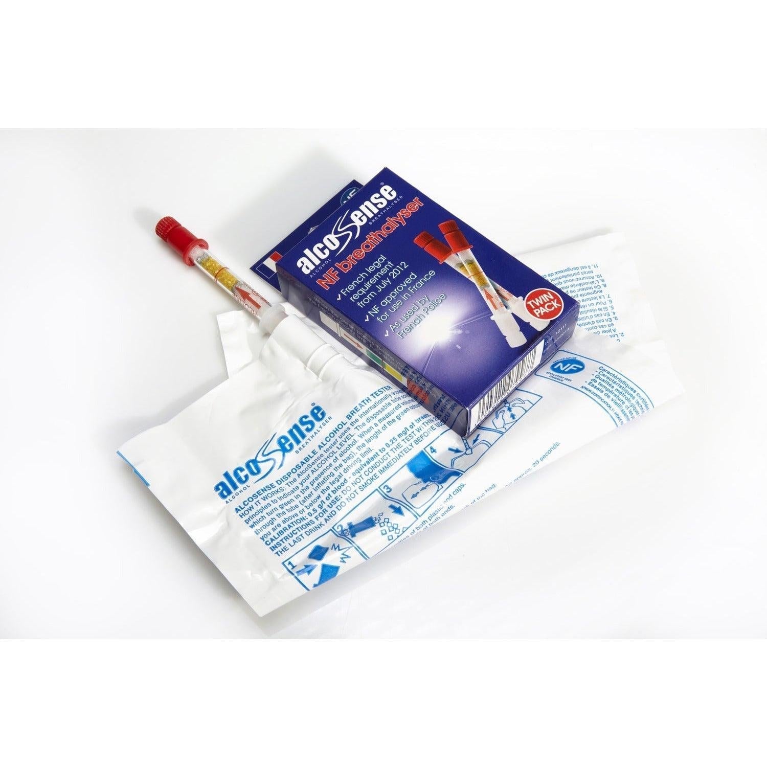 AlcoSense NF Breathalyzer for France twin pack with two compact digital alcohol testers in black and white colors.