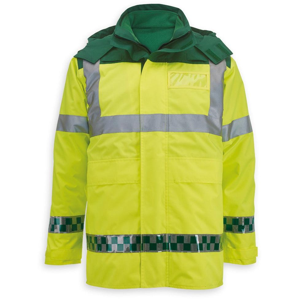 Alexandra 3-in-1 Hi-Vis ambulance jacket with reflective strips, high-visibility yellow color, and multiple pockets for emergency wear