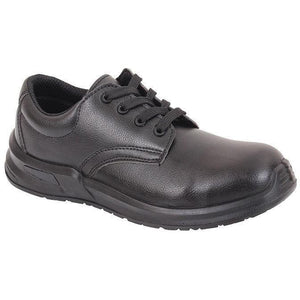 Black Alexandra occupational shoe with sturdy sole and supportive design, ideal for work environments.