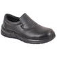 Alexandra safety slip-on shoes with durable black leather and slip-resistant soles, designed for workplace safety and comfort.