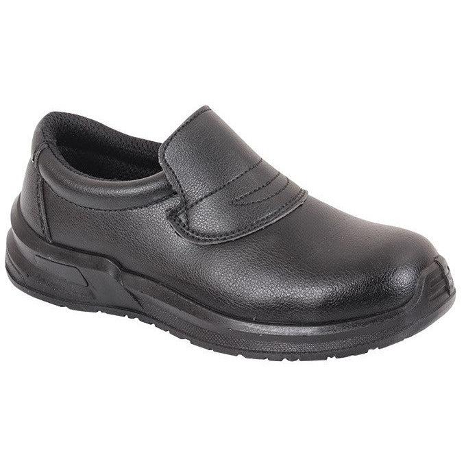 Alexandra safety slip-on shoes with durable black leather and slip-resistant soles, designed for workplace safety and comfort.