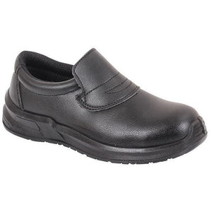 Alexandra safety slip-on shoes with durable black leather and slip-resistant soles, designed for workplace safety and comfort.