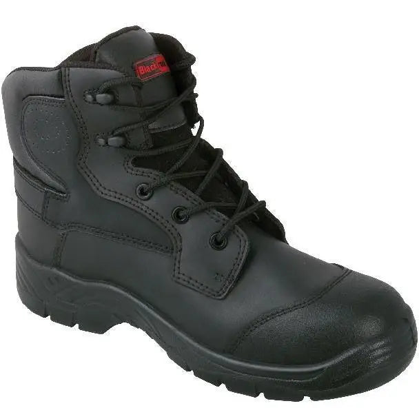 Blackrock composite boots by Alexandra featuring sturdy black footwear with reinforced toes and textured soles.