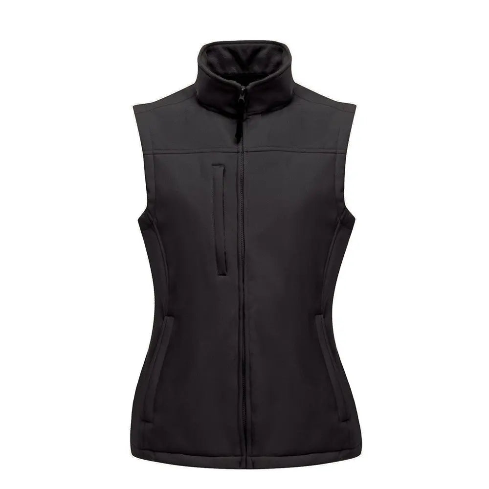 Alexandra Regatta Flux women's softshell body warmer, black with full zip and high collar, designed for outdoor warmth and comfort.