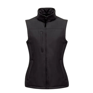 Alexandra Regatta Flux women's softshell body warmer, black with full zip and high collar, designed for outdoor warmth and comfort.
