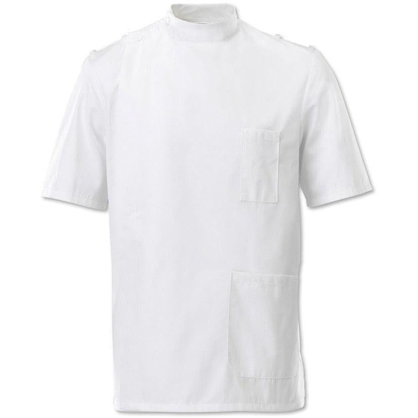Men's white Mandarin collar tunic top with epaulettes, featuring a relaxed fit and button details, by Alexandra.