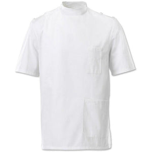 Men's white Mandarin collar tunic top with epaulettes, featuring a relaxed fit and button details, by Alexandra.