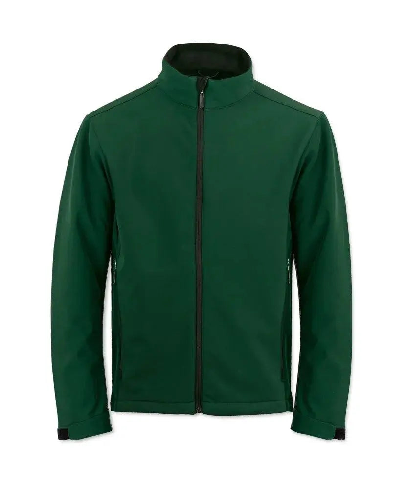 Men's Alexandra softshell jacket in bottle green, showing a close-up of the lightweight, water-resistant outer fabric.