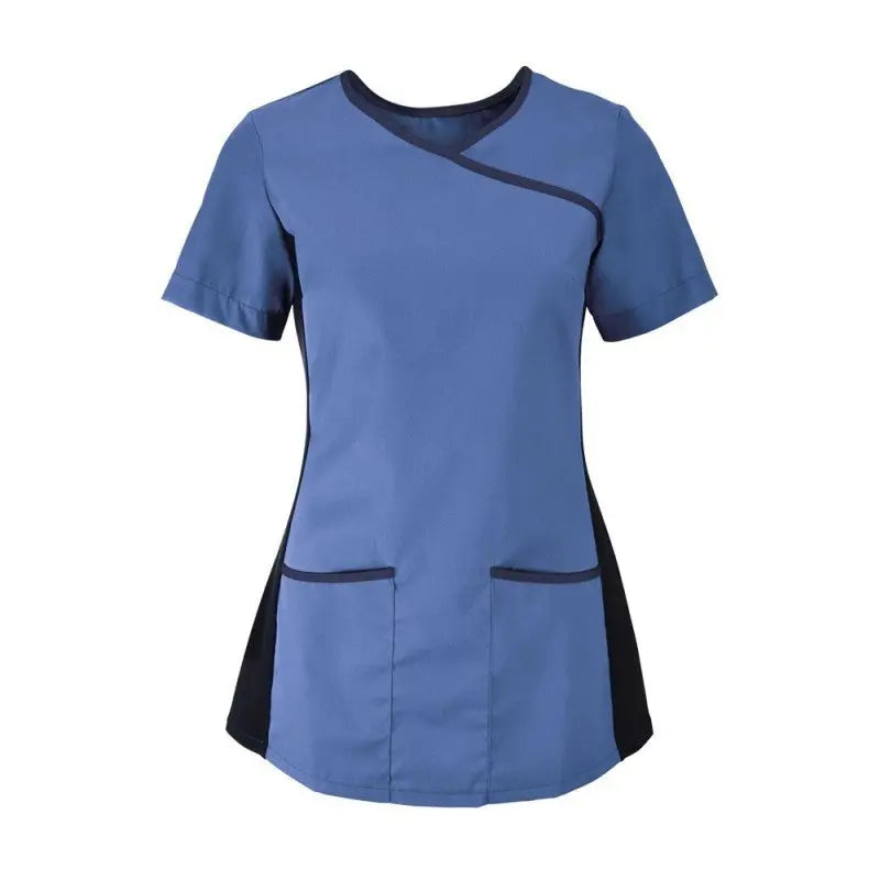 Woman's Alexandra stretch mock-wrap scrub top with V-neck and short sleeves, featuring a fitted design and front pockets.
