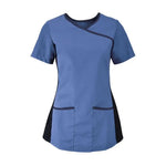 Woman's Alexandra stretch mock-wrap scrub top with V-neck and short sleeves, featuring a fitted design and front pockets.