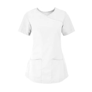Woman wearing Alexandra stretch mock-wrap scrub top, featuring a fitted silhouette and V-neck design, suitable for healthcare professionals.