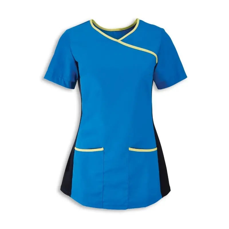 Woman's Alexandra stretch mock-wrap scrub top with short sleeves and V-neck, featuring a fitted design and side pockets.