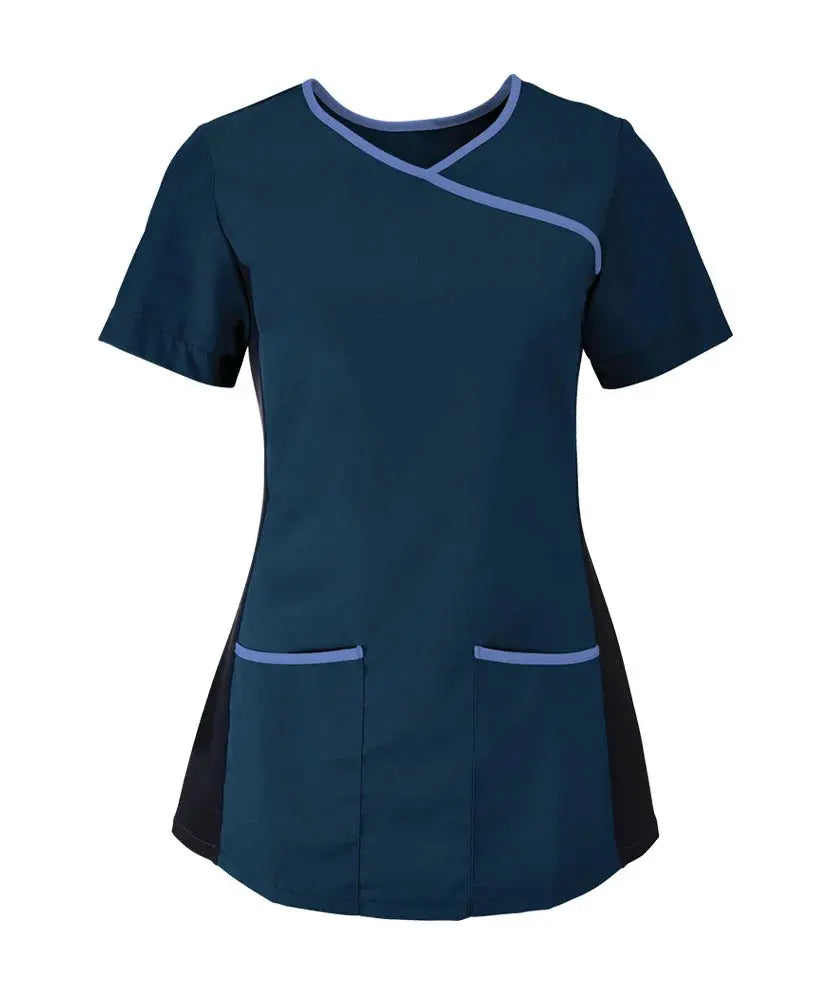 Woman's Alexandra stretch mock-wrap scrub top with V-neck and short sleeves, shown on a mannequin.