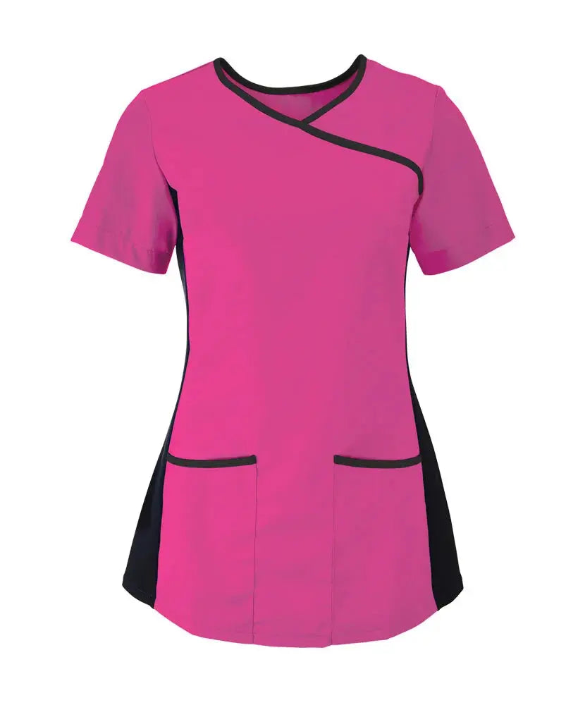 Woman's stretch mock-wrap scrub top by Alexandra, featuring a fitted design and short sleeves, ideal for medical professionals.