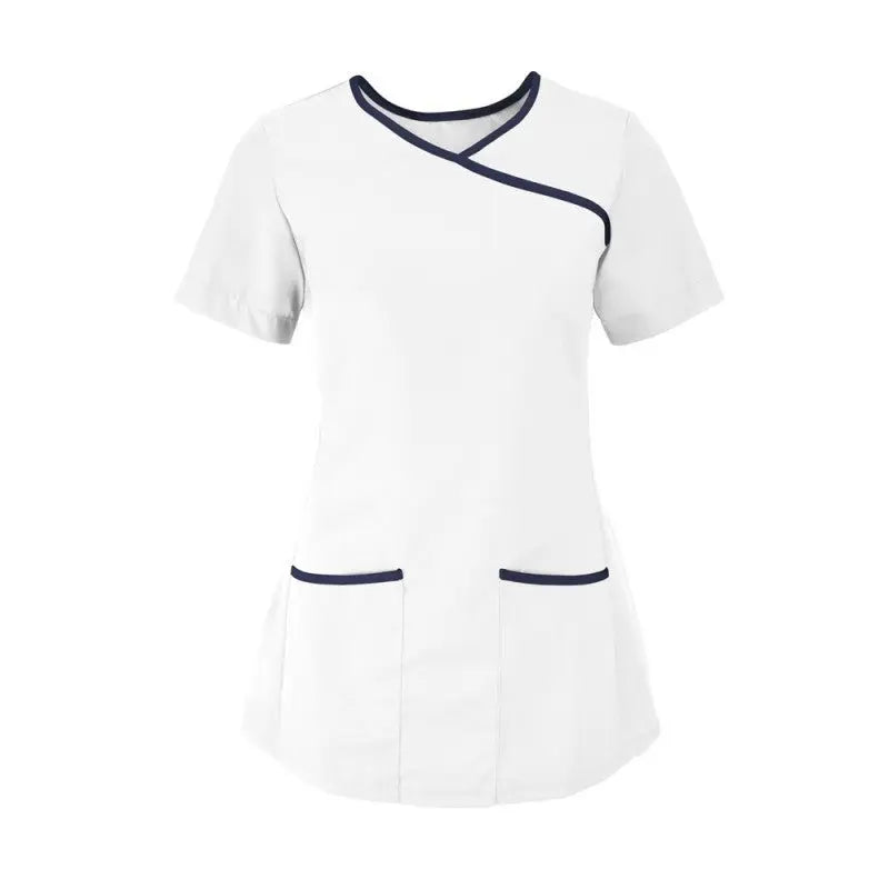 Woman's stretch mock-wrap scrub top by Alexandra, featuring a fitted design and short sleeves, displayed on a mannequin.