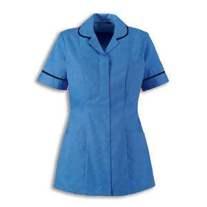 Alexandra traditional nurses tunic in hospital blue with a contemporary cut, featuring a professional fit and practical design for medical staff.