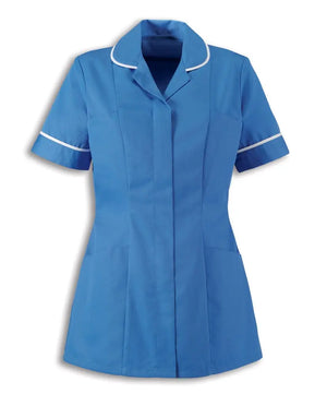 Alexandra traditional nurses tunic in hospital blue with contemporary cut, featuring a fitted style and practical pockets.