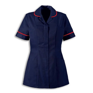 Navy blue traditional nurses tunic with contemporary cut from Alexandra, displayed on a mannequin, featuring a modern fit and classic style.
