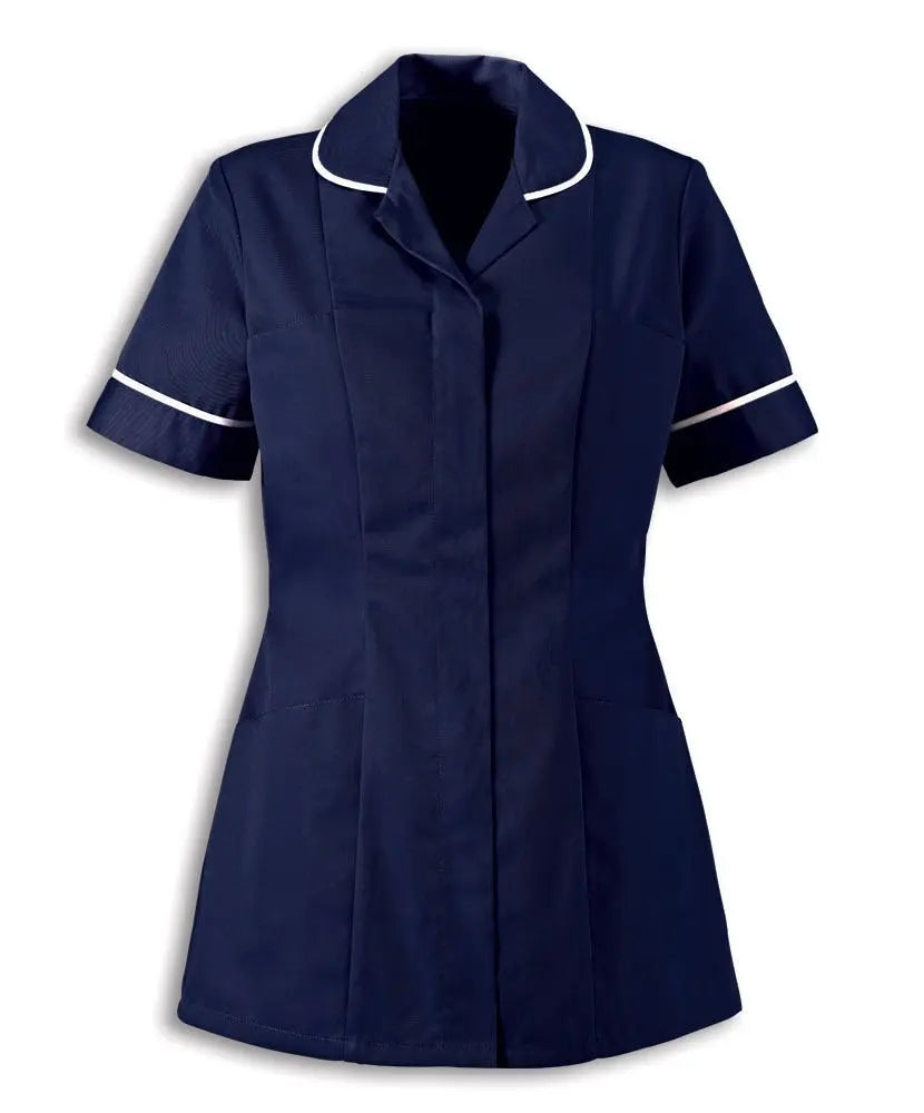 Navy blue traditional nurses tunic with a contemporary cut, designed by Alexandra, featuring a polished professional look.