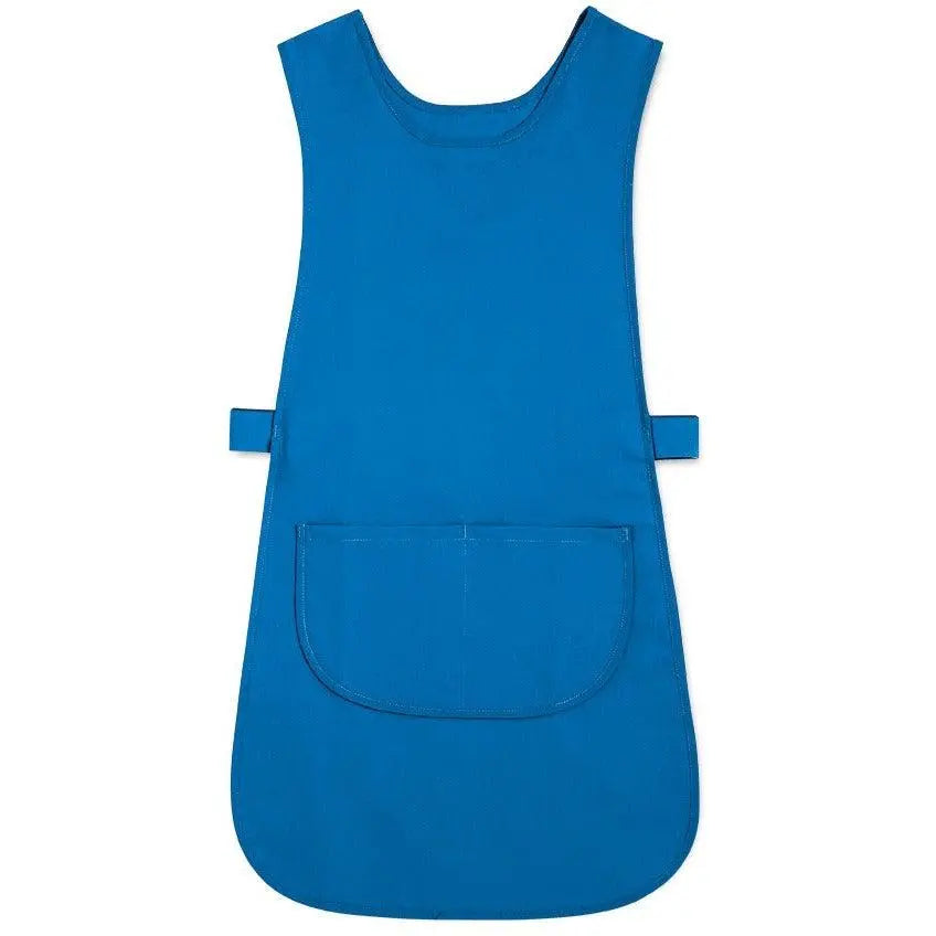 Alexandra long-length tabard with pocket, lightweight apron-style garment, in neutral fabric, displayed hanging with front view.