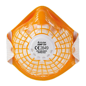 Box of 10 Alpha Solway AlphaFlow FFP3 valved face masks showing adjustable nose bridge and valve for respiratory protection.