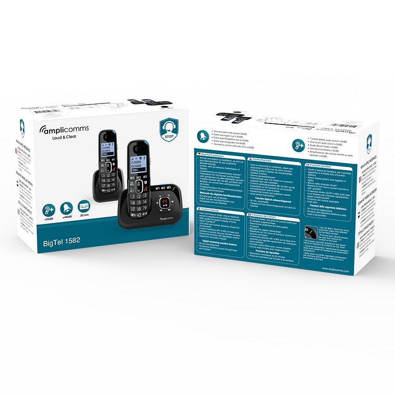 Amplicomms BigTel 1582 Black Answering Machine Duo - Cordless Phone