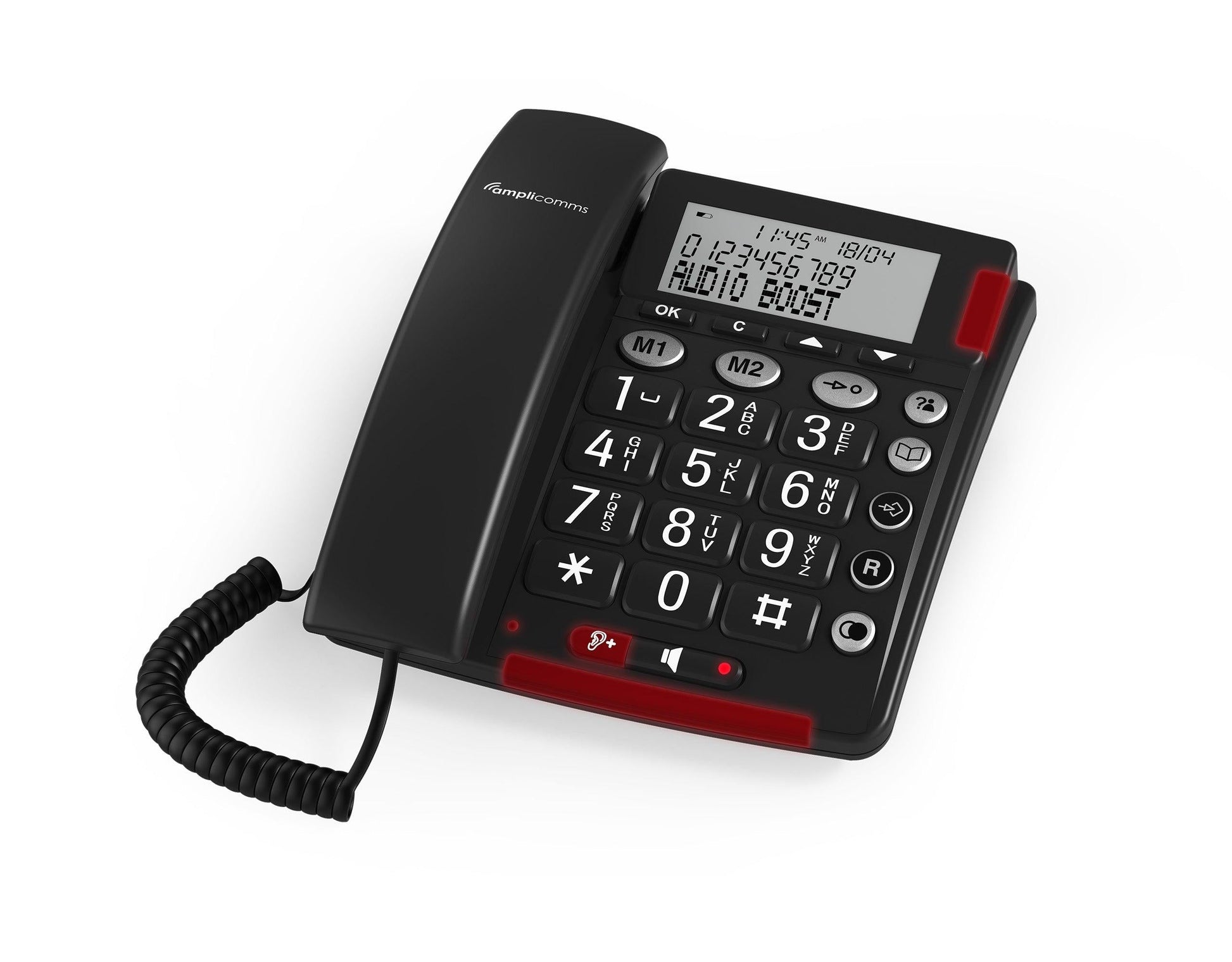 Amplicomms Bigtel 48 Plus big button corded telephone with audio boost, black with large keypad and sturdy design.