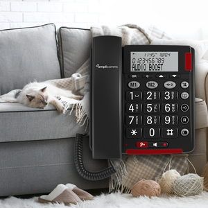 Amplicomms BigTel 48 Plus corded phone with large buttons, audio boost, black design, and easy-to-use interface for enhanced hearing.