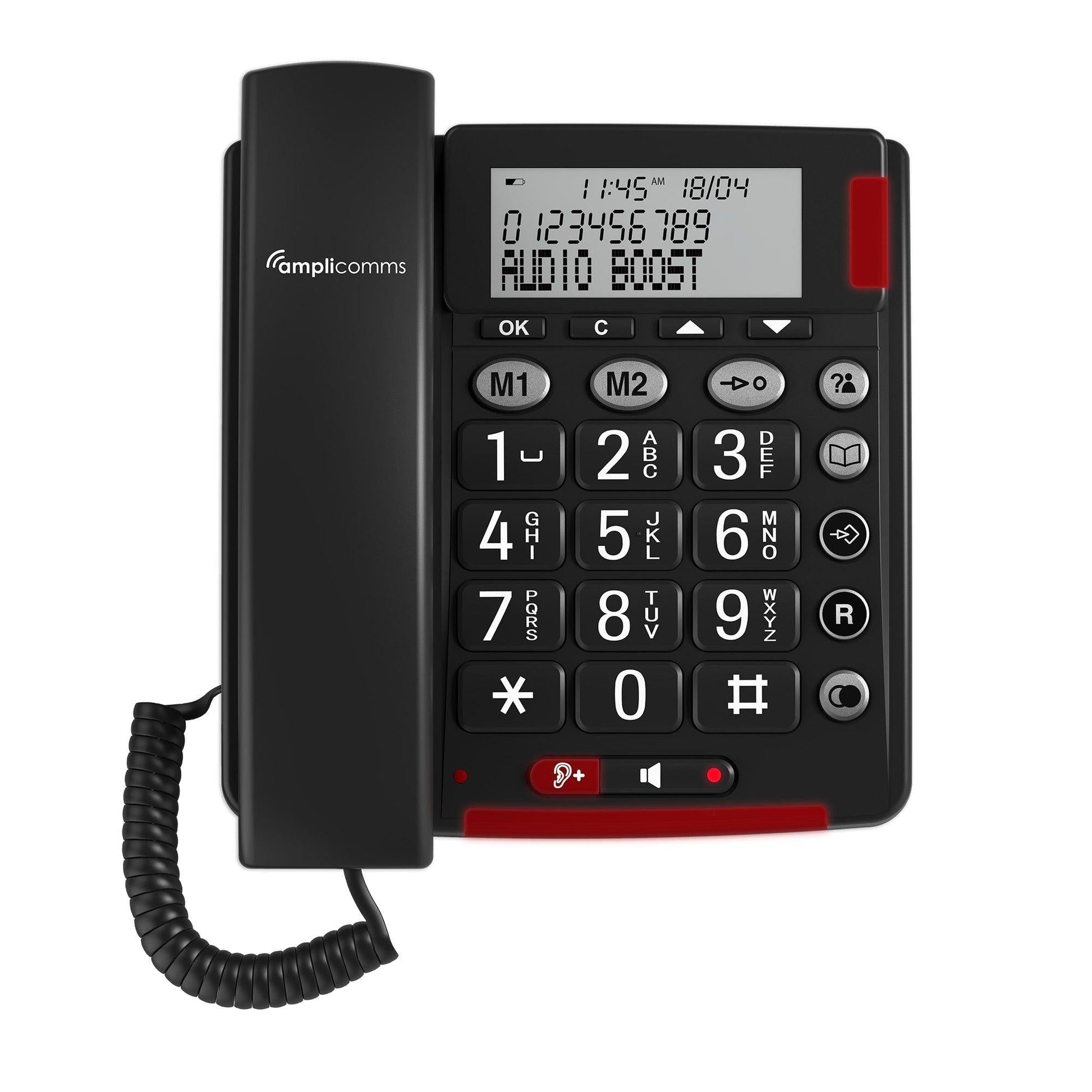 Amplicomms BigTel 48 Plus black corded telephone with large buttons and audio boost feature for easy use.
